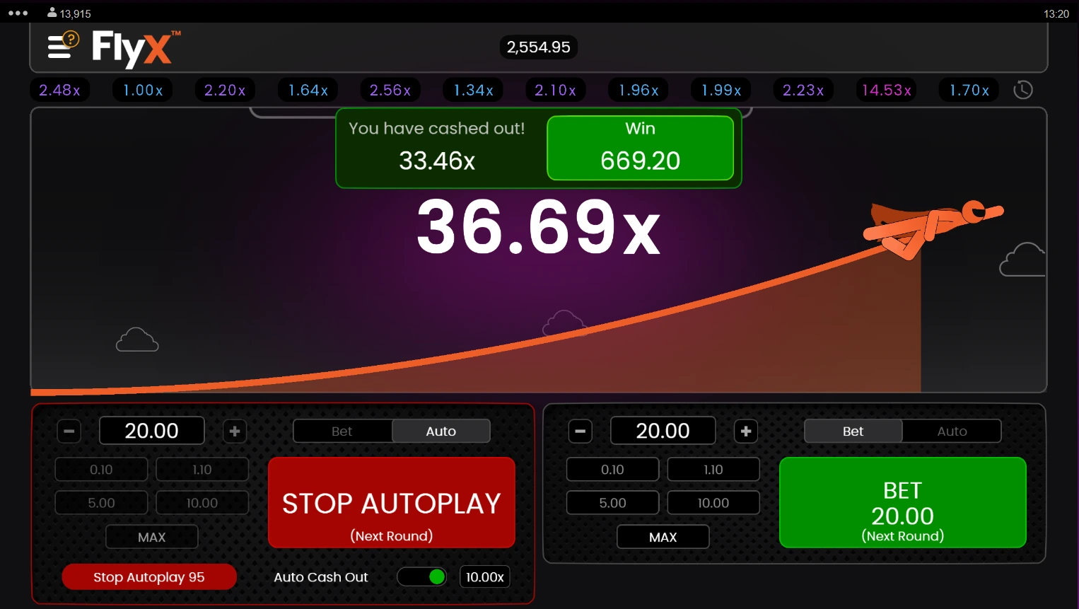 Flyx crash game autoplay cashout.