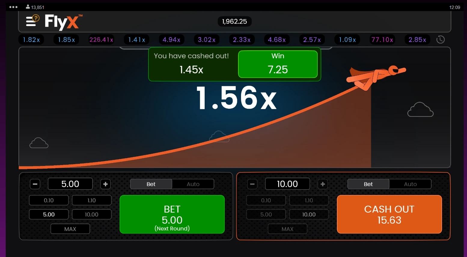 Flyx crash game cashout.